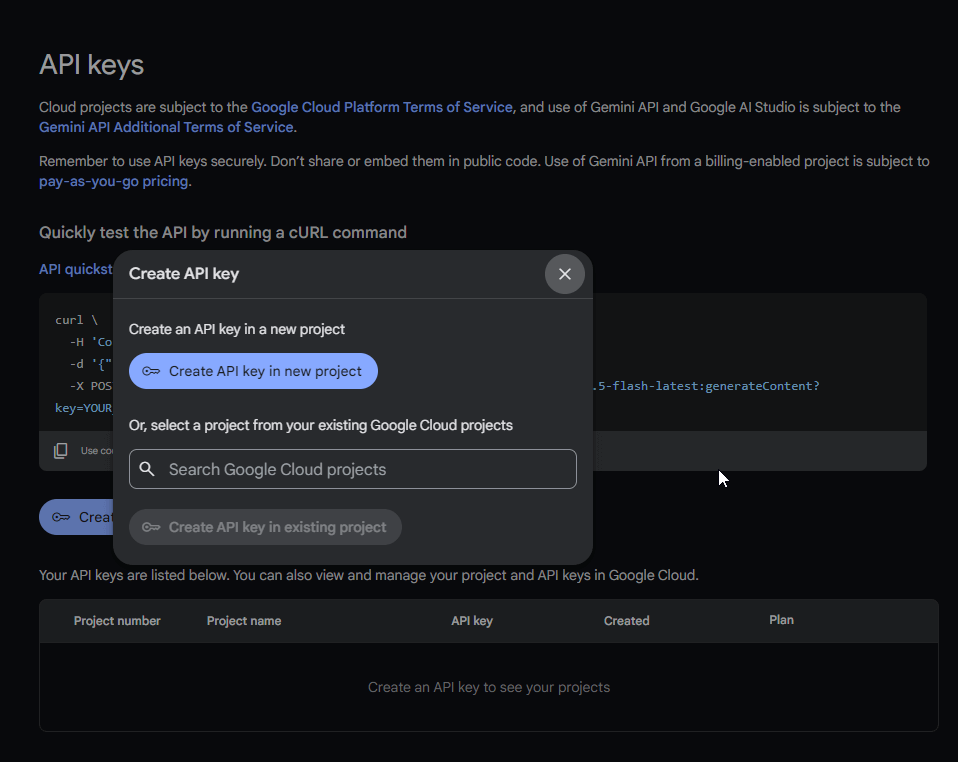 Gemini API Key - Create API Key in New Project