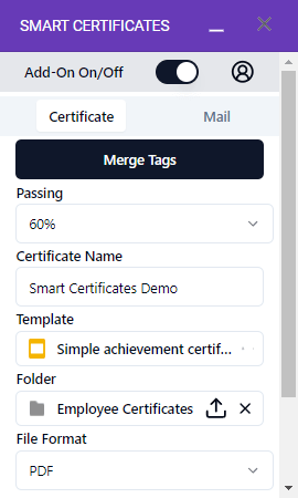 Smart Certificates sidebar with settings options